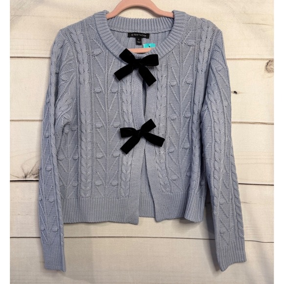 41 Hawthorn Sweaters - 41 Hawthorn Frankie Cabled Bow Cardigan Light Blue Velvet Bows Romantic Medium